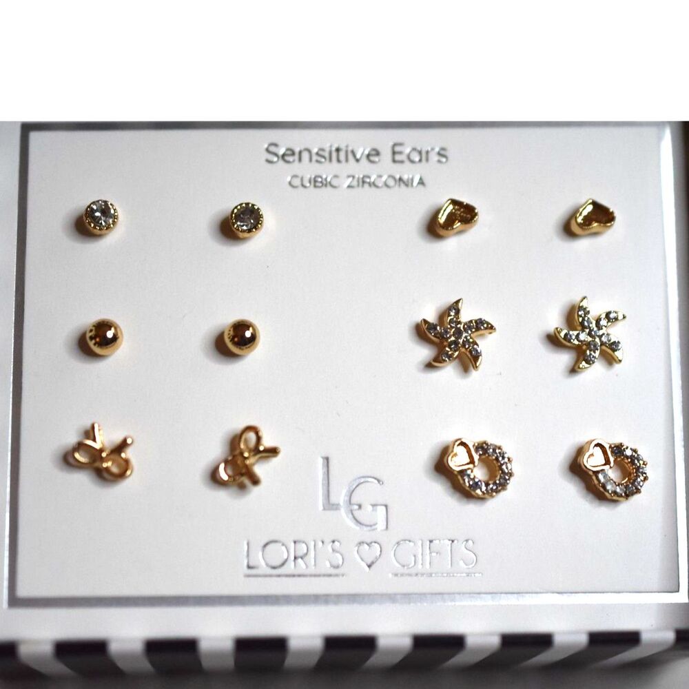 NIB Lori's Gift 6 Pair Gold Tone Cubic Zirconia Post/Stud Modern Chic Earrings